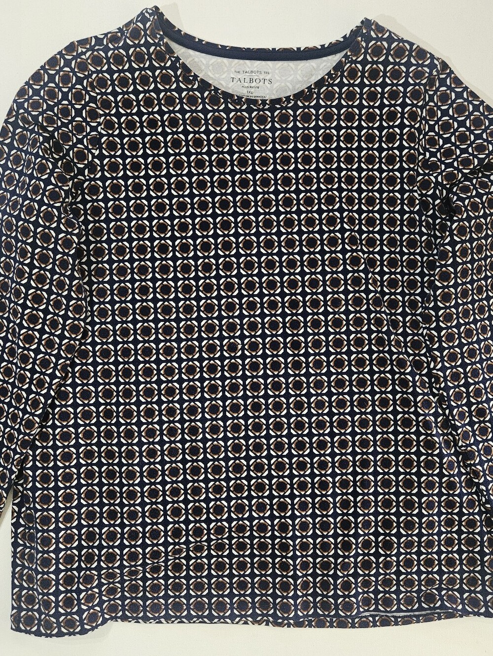 The Talbots Tee Womens 1XP Petite Plus Navy Brown Geometric Print